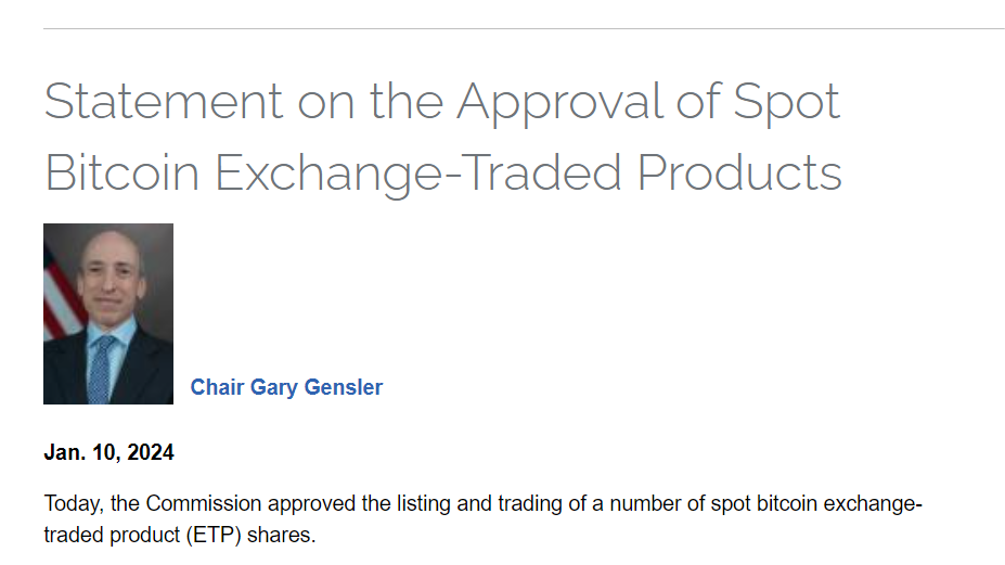 SEC 主席 Gary Gensler 批准现货比特币 ETF 的声明